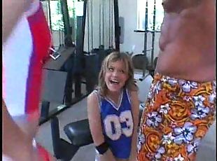 Two cheer sluts in the gym share his dick