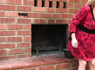 Stepmom stuck in the fireplace offers sex to her stepson to get free